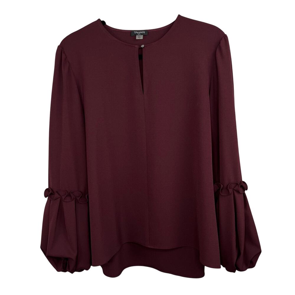 Tahari ASL Beck Blouse Burgundy Maroon Keyhole Neck Balloon Sleeve High Low L